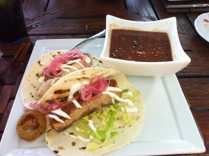Pescado Tacos- Mahi Mahi, Pickled Onions, & Salsa with a side of beans